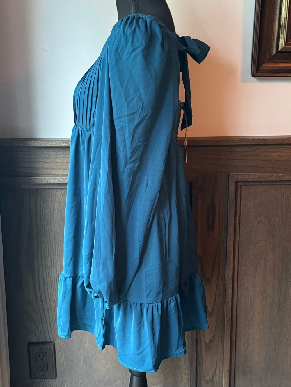 New In Teal Long-Sleeve Pleated Babydoll Dress large nwt - Picture 3 of 7